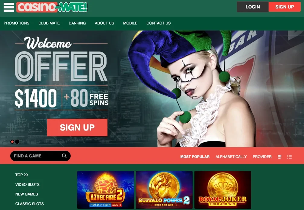 Pokie Mate Casino Homepage Interface